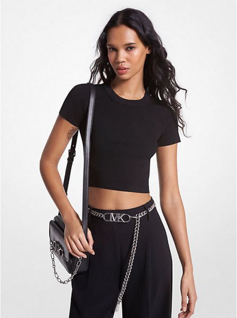 Michael Kors Nervürlü Stretch Viscose Cropped Tişört Kadın Siyah | 820716-SPD