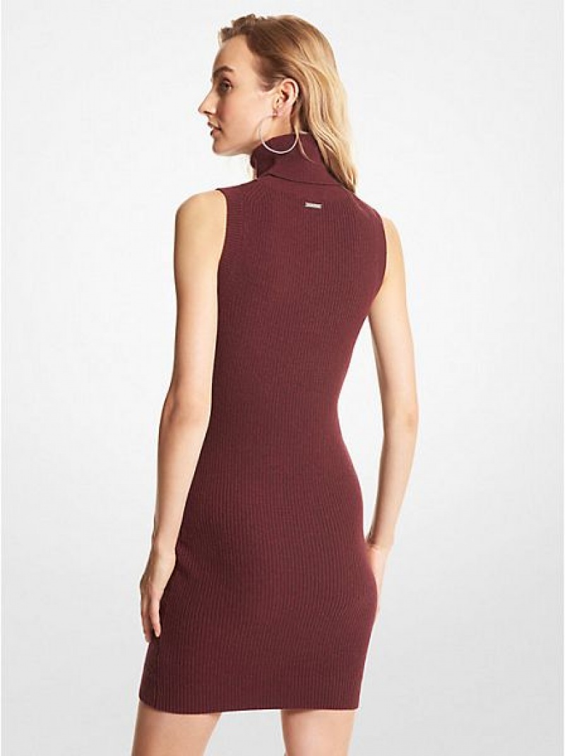 Michael Kors Nervürlü Yün And Cashmere Blend Kolsuz Turtleneck Elbise Kadın Bordo | 086942-FOU