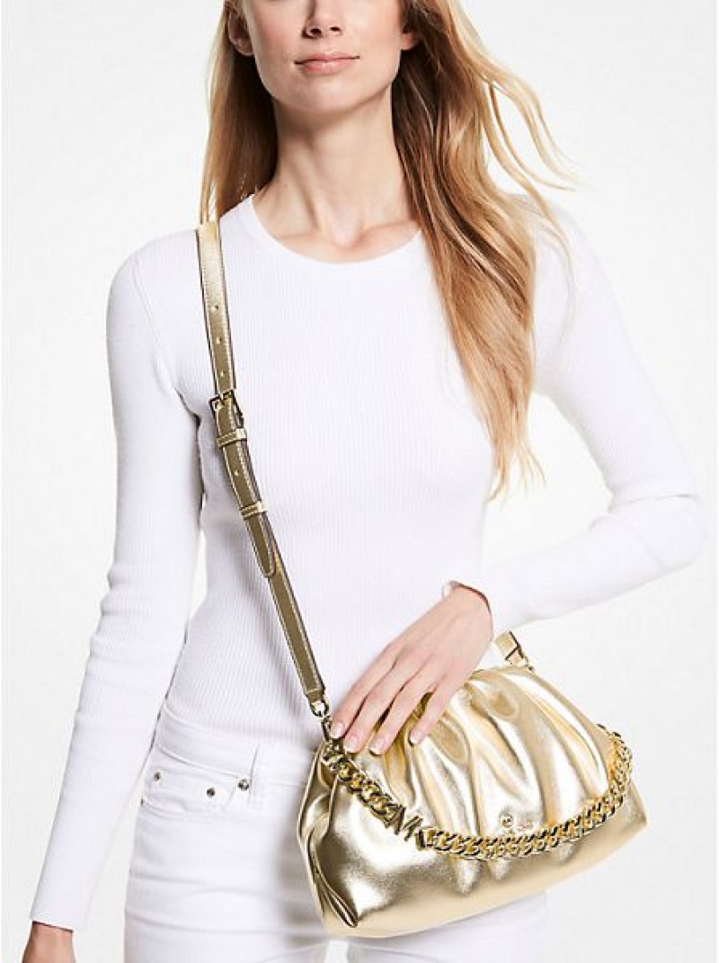 Michael Kors Nola Small Metallic Faux Deri Çapraz Askılı Çanta Kadın Altın | 082653-IHR