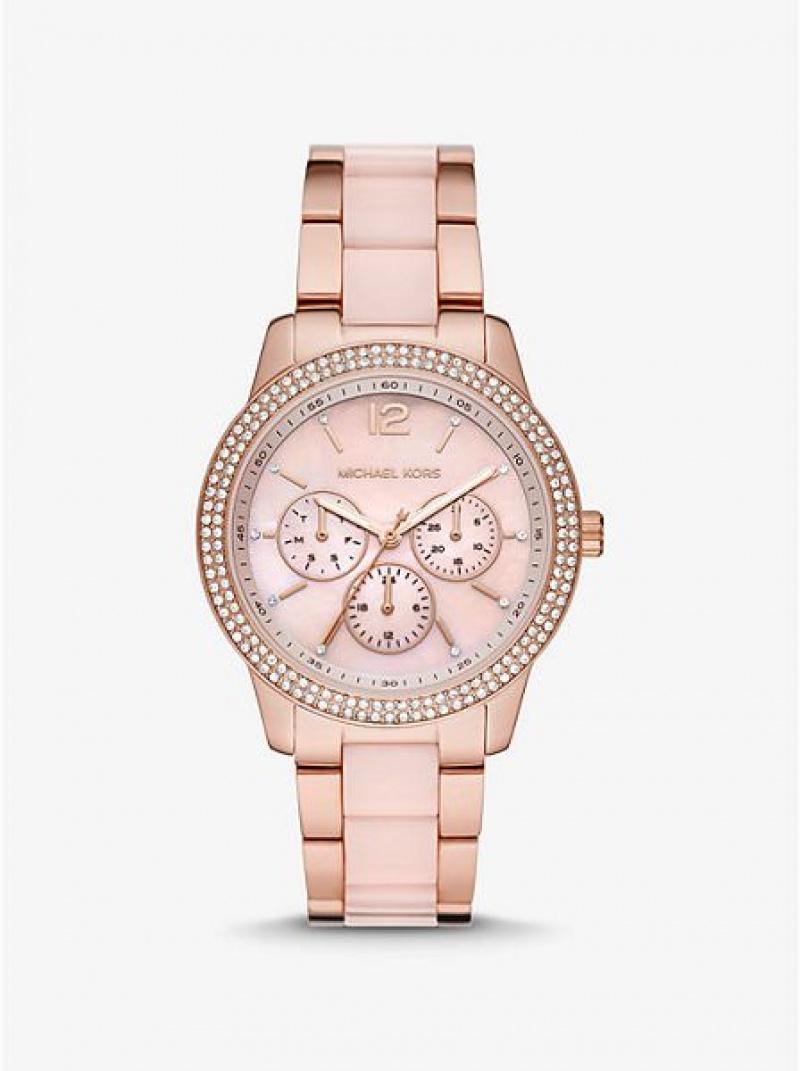 Michael Kors Oversized Tibby Pave Blush Acetate Saat Kadın Pembe Altın | 169372-SUX