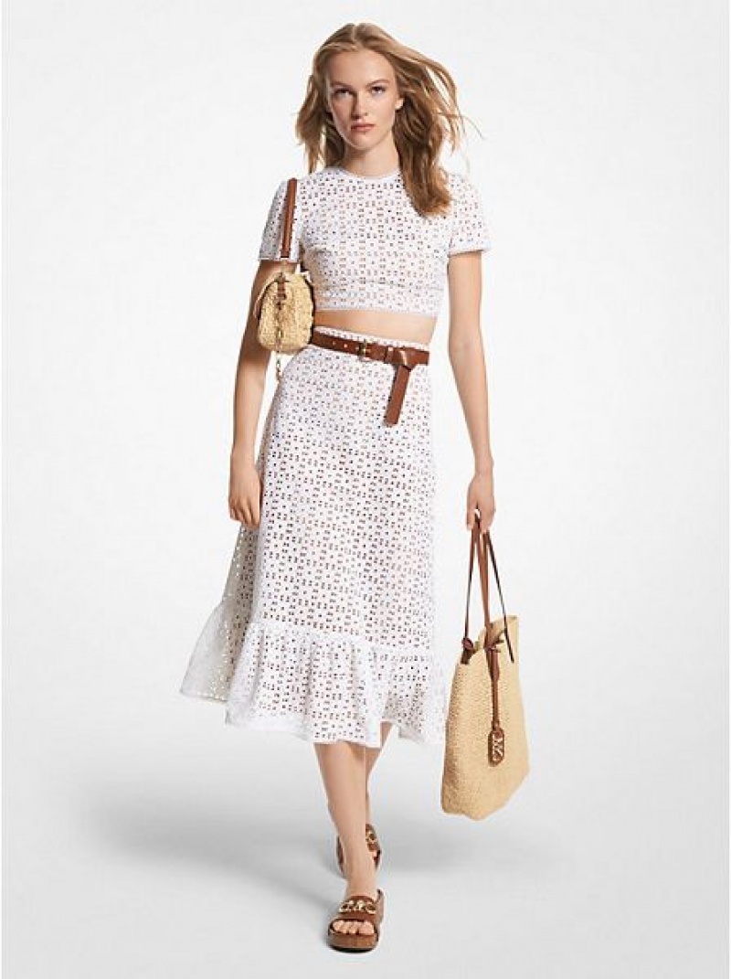 Michael Kors Pamuklu Eyelet Midi Etek Kadın Beyaz | 132649-ZKU