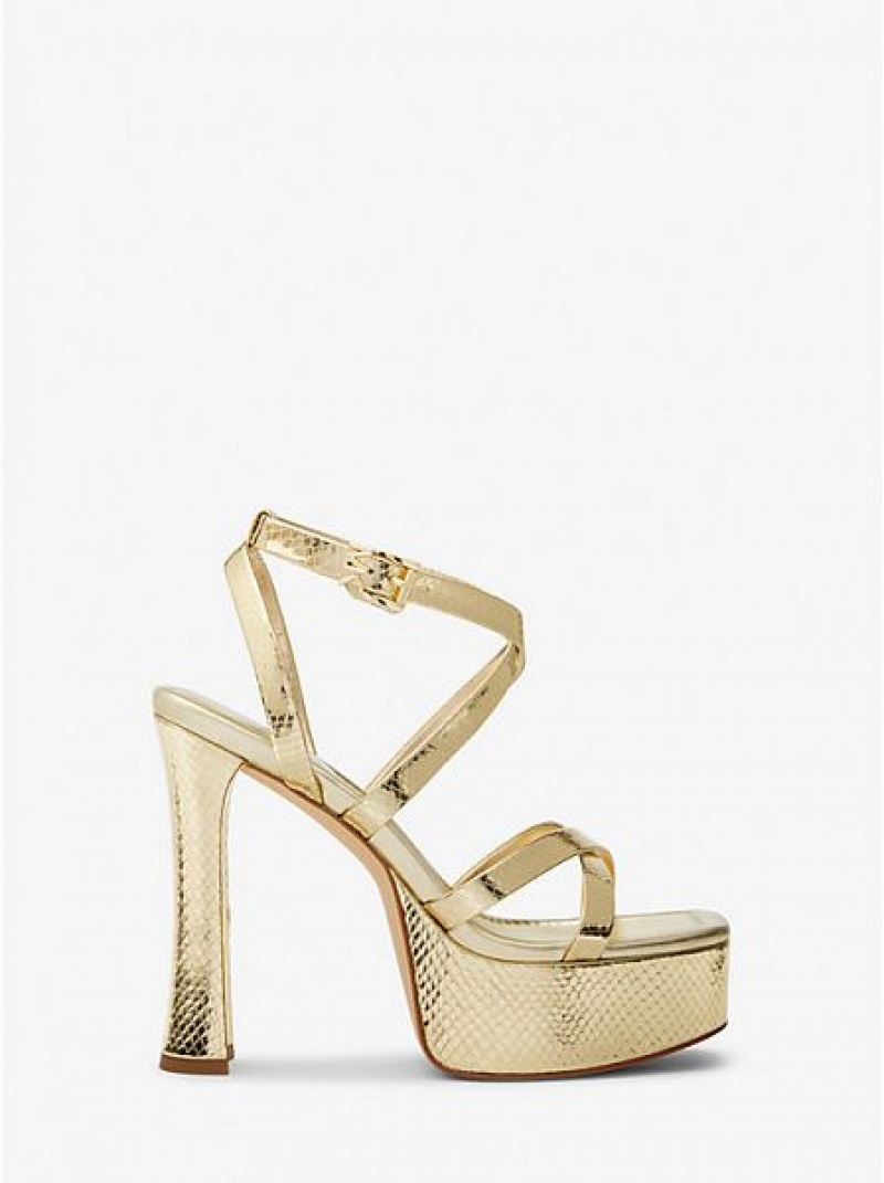 Michael Kors Paola Metallic Snake Embossed Deri Platform Sandalet Kadın Altın | 569782-LSO