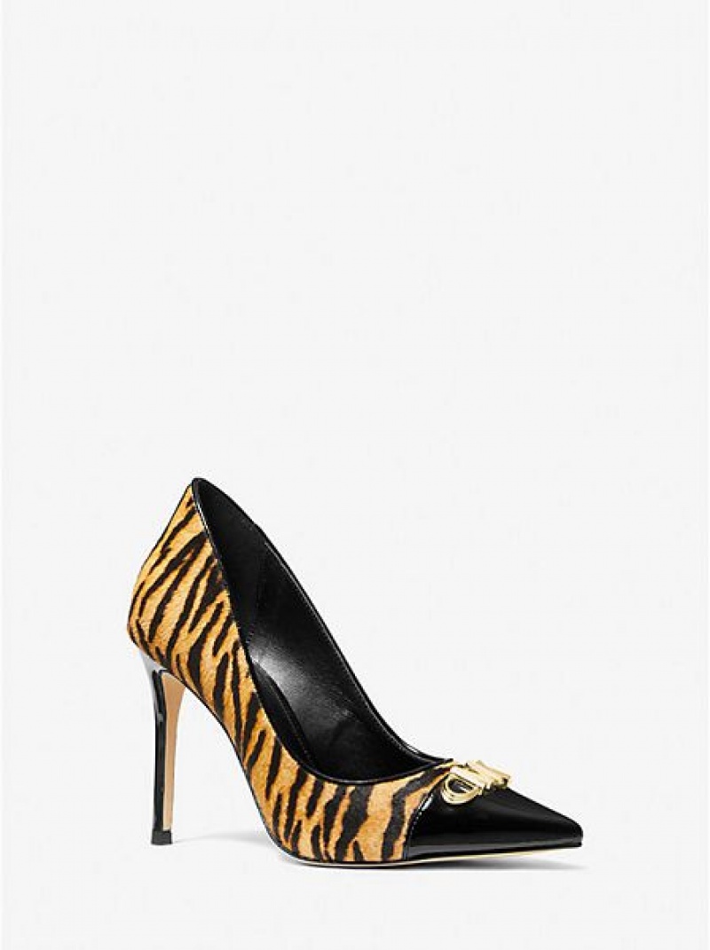 Michael Kors Parker Tiger Print Calf Hair And Deri Stiletto Kadın Sarı Siyah | 352984-FRP