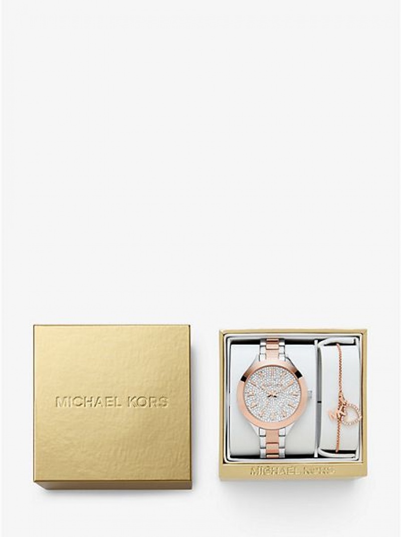 Michael Kors Pave And Heart Bracelet Set Saat Kadın Gümüş Pembe | 685927-ODE