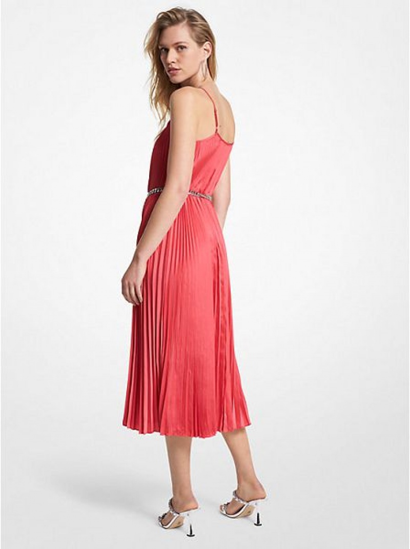 Michael Kors Pileli Satin Belted Slip Elbise Kadın Pembe | 985107-SKC