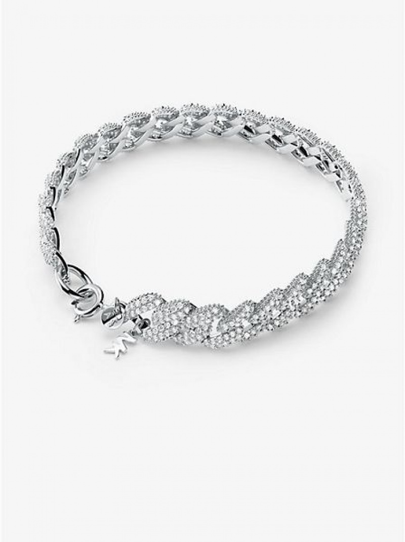 Michael Kors Precious Metal-plated Sterling Silver Pave Curb Link Bileklik Kadın Gümüş | 540761-VMP