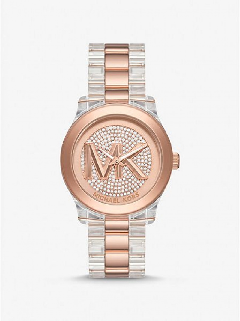 Michael Kors Runway Pave And Acetate Saat Kadın Pembe Altın | 741560-URA