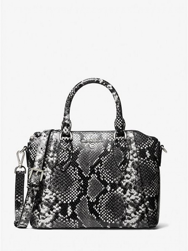 Michael Kors Sienna Medium Python Embossed Deri Satchel Çanta Kadın Siyah Beyaz | 194576-JZT