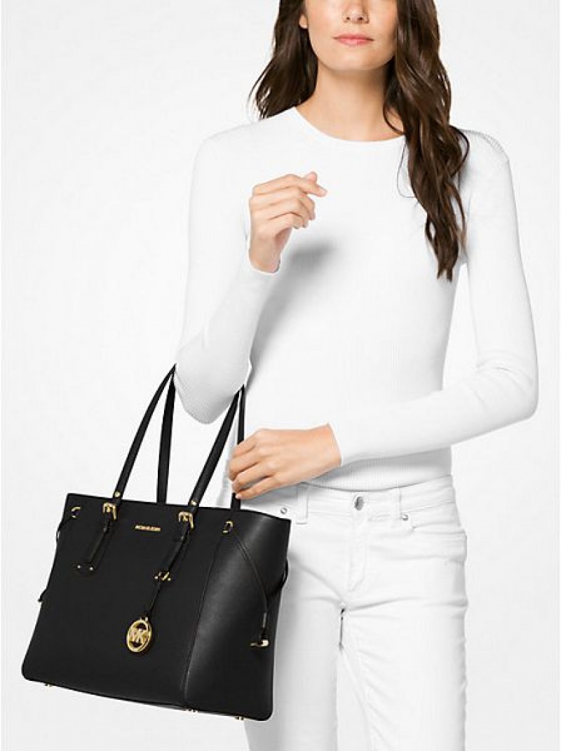 Michael Kors Voyager Medium Crossgrain Deri Tote Çanta Kadın Siyah | 782491-ZJD