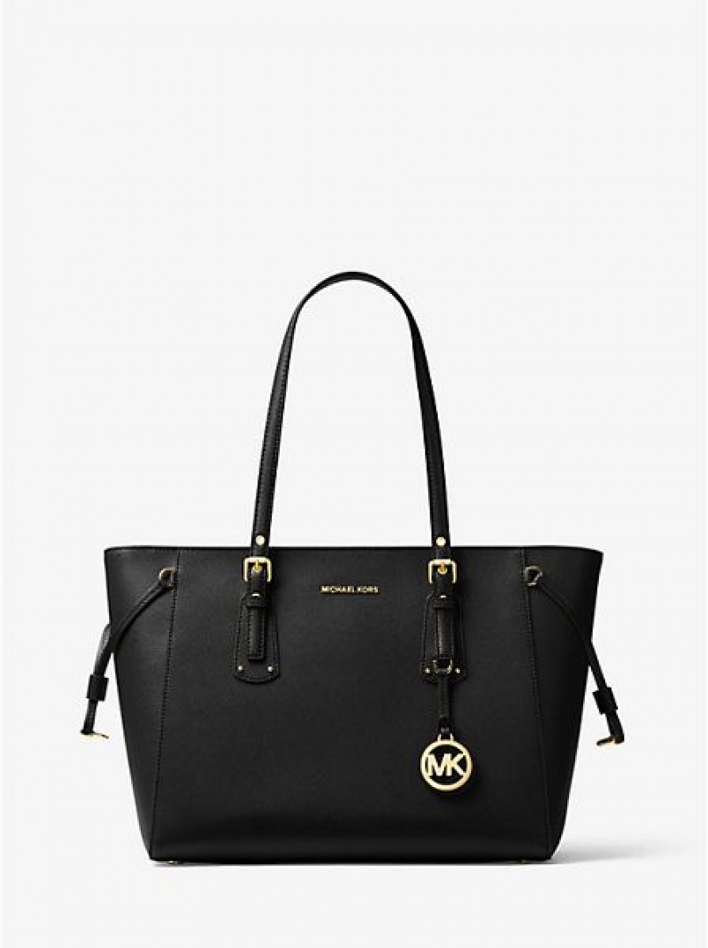 Michael Kors Voyager Medium Crossgrain Deri Tote Çanta Kadın Siyah | 782491-ZJD