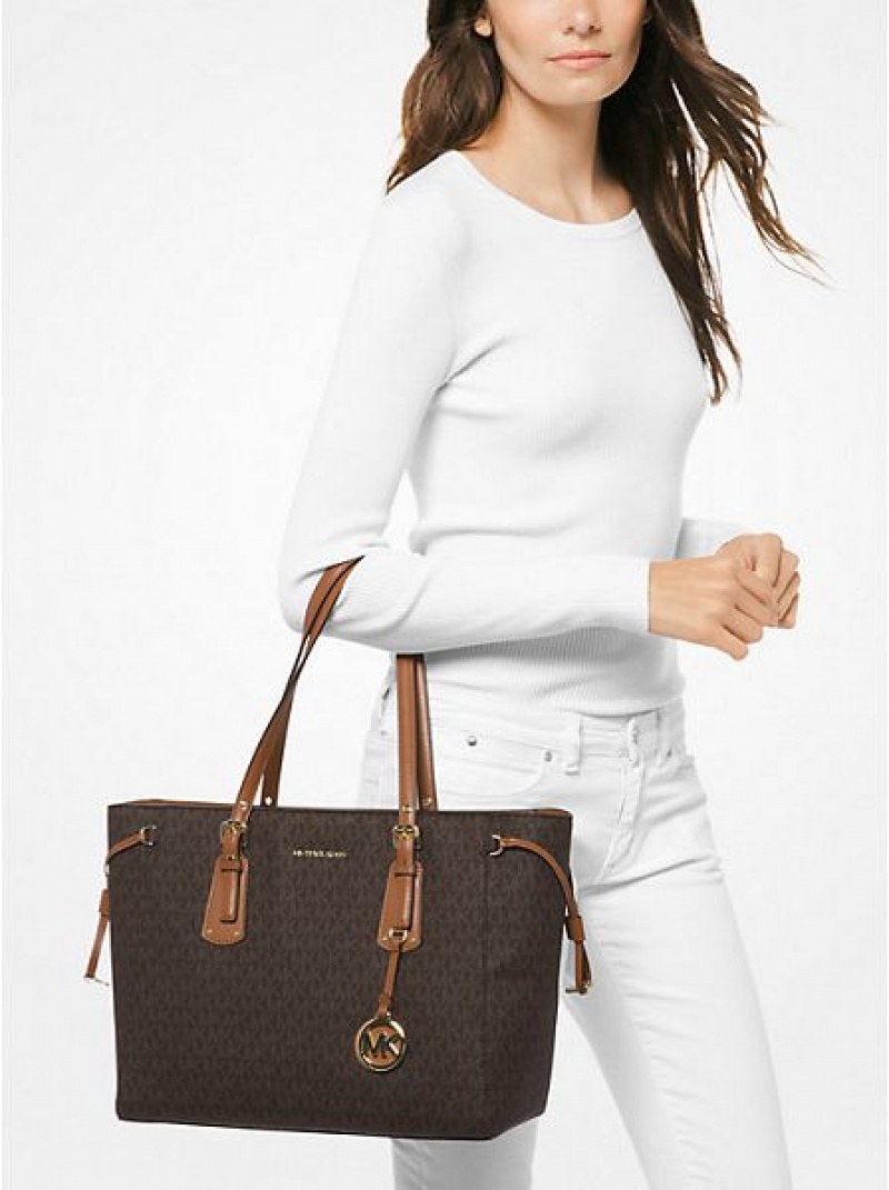 Michael Kors Voyager Medium Logo Tote Çanta Kadın Kahverengi | 278359-JCL