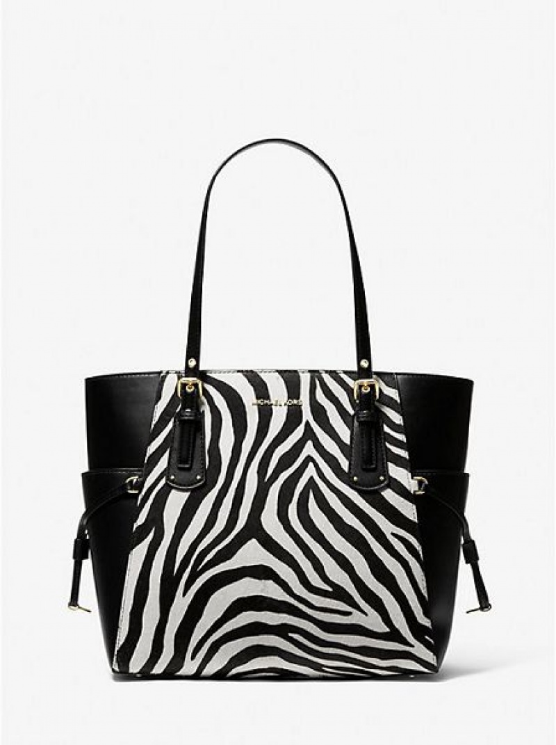 Michael Kors Voyager Small Zebra Printed Calf Hair Tote Çanta Kadın Siyah | 938240-UCK